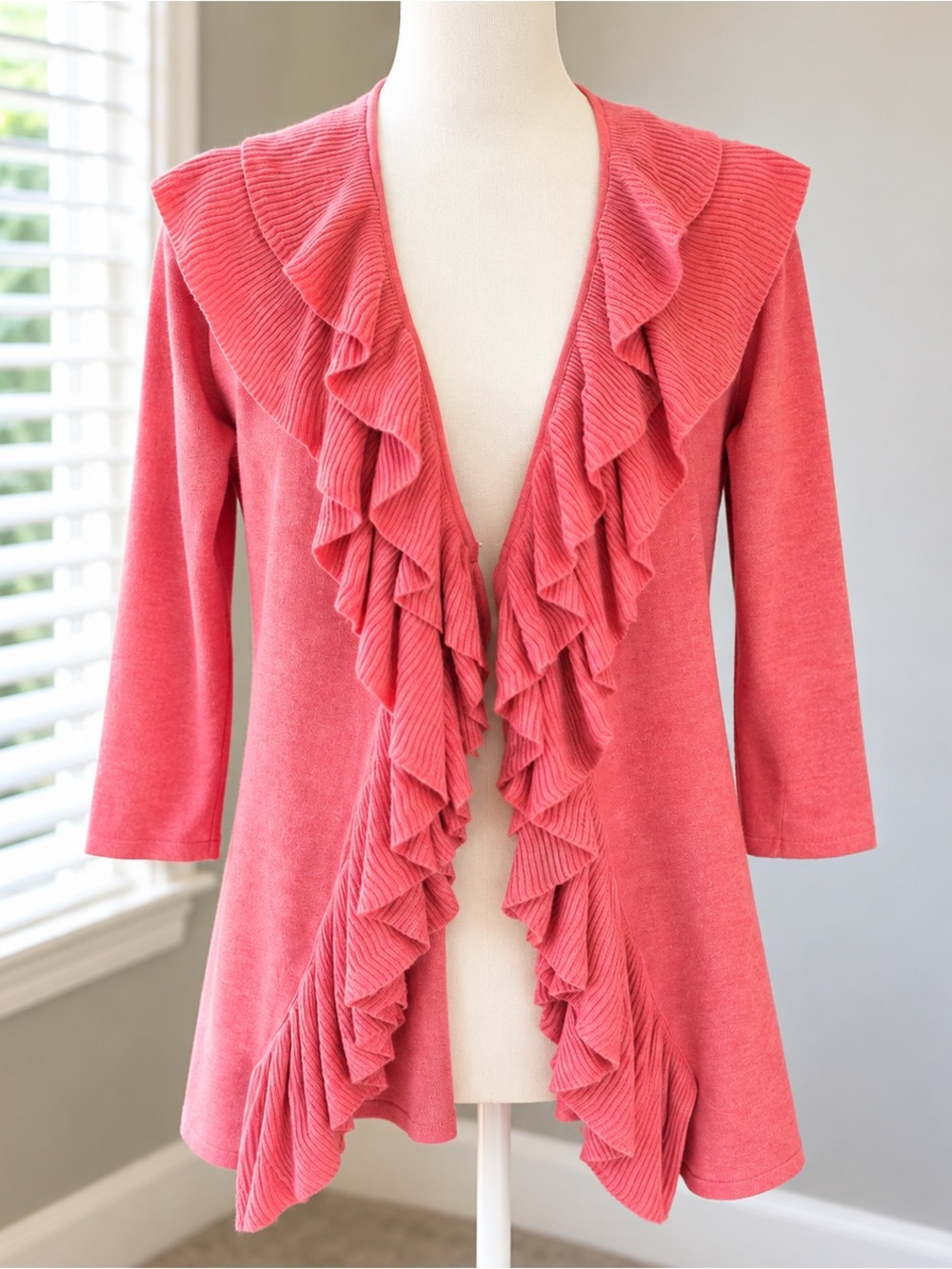 Coral Pink Ruffled-Collar Cardigan